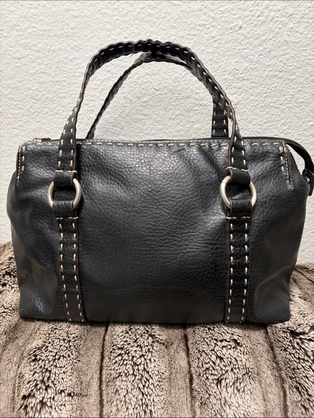 Relic Y2K Black Pebbled Leather Satchel with Contrast Stitching